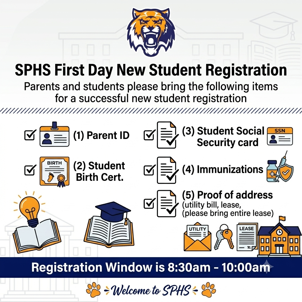 SPHS First Day New Student Registration checklist flyer listing required items for registration: (1) Parent ID, (2) Student Birth Certificate, (3) Student Social Security card, (4) Immunizations, and (5) Proof of address (utility bill or full lease). The registration window is 8:30 AM to 10:00 AM. The graphic features Stony Point High School branding, school supply illustrations, and "Welcome to SPHS" text at the bottom.