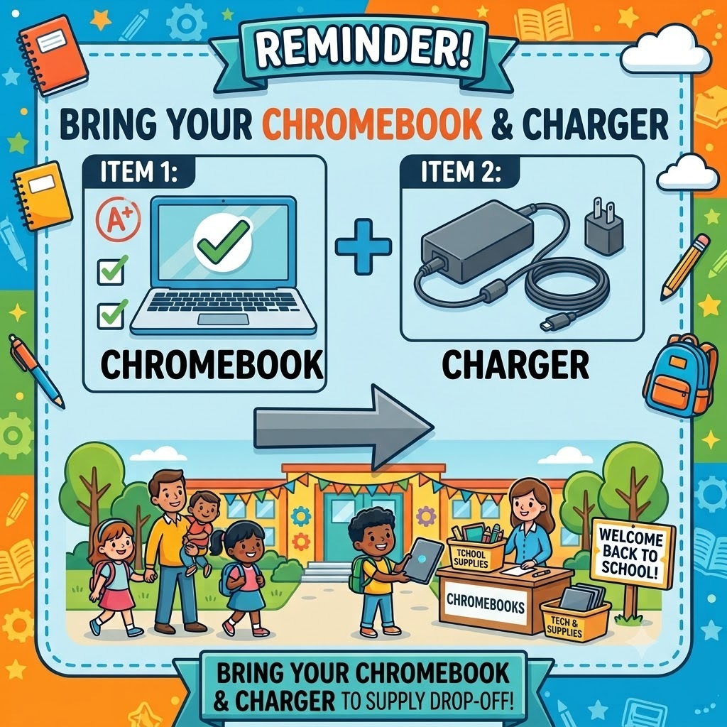 Social media reminder graphic showing a Chromebook laptop and charger with a large green checkmark. Text reads: Reminder! Bring your Chromebook and charger to Supply Drop-off