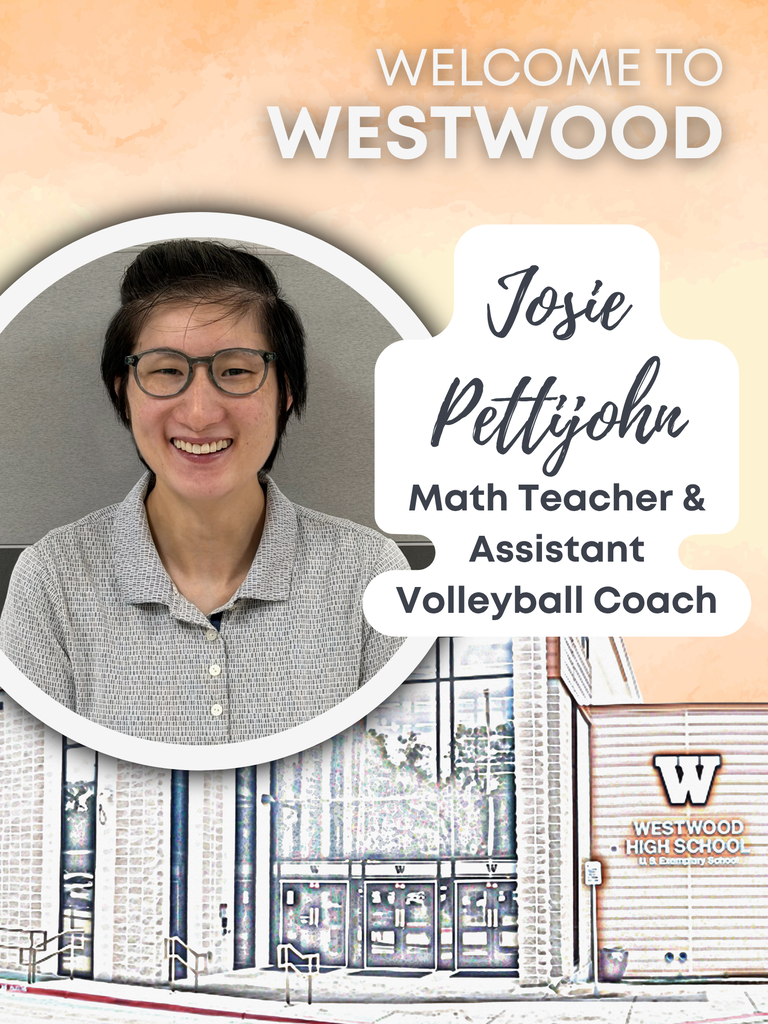 Welcome to Westwood Josie Pettijohn math teacher, photo of Ms. Pettijohn with water color photo of Westwood building in the background
