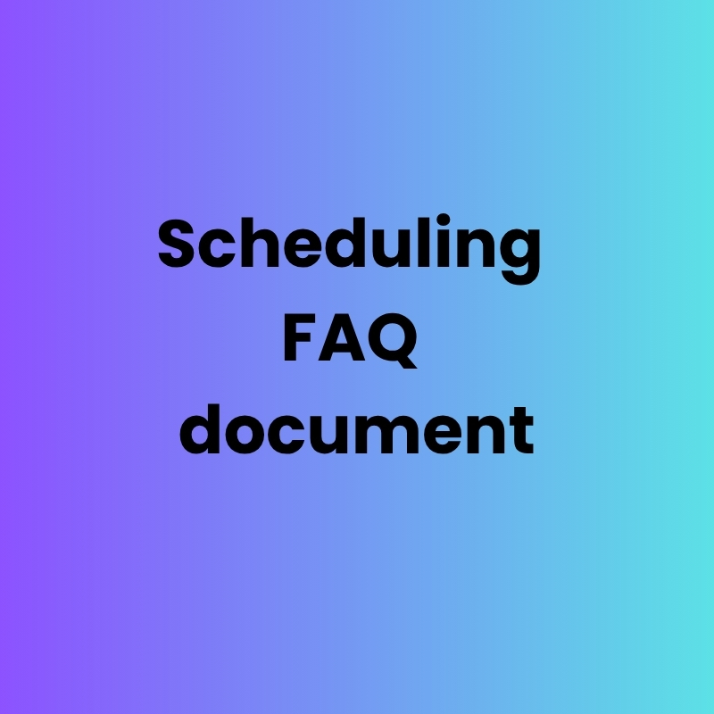 Scheduling FAQ document with purple and blue background