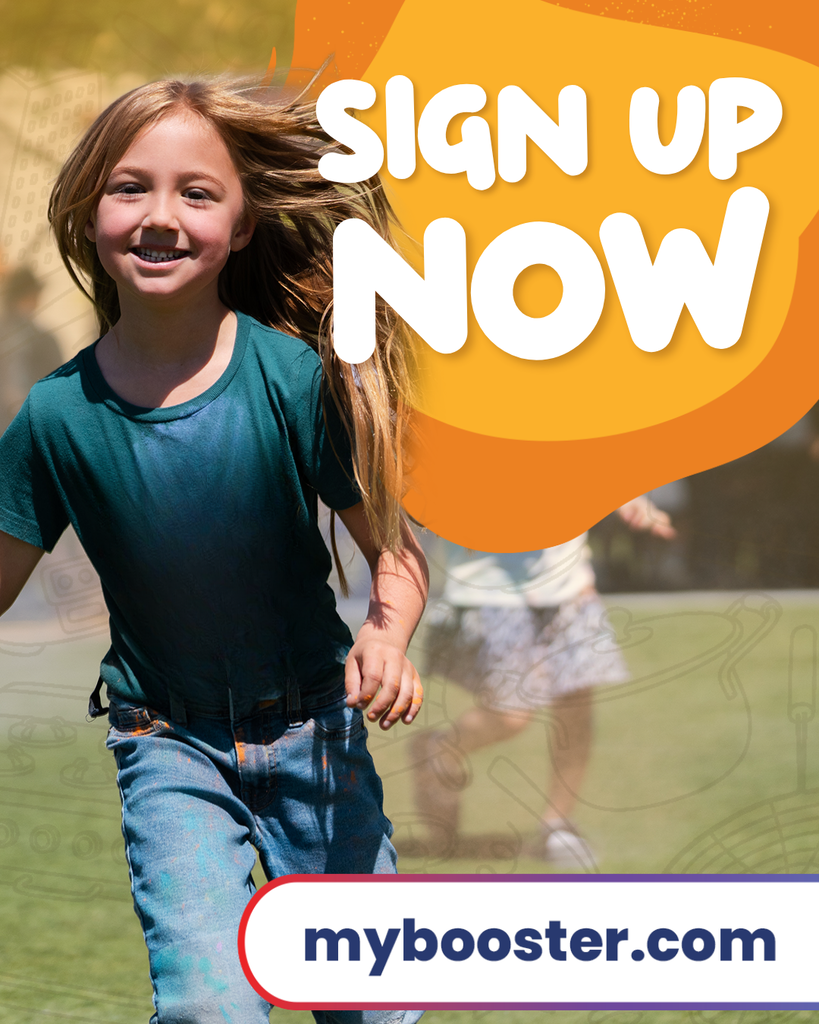 Girl running and smiling. Large white text stating, "Sign up now!"