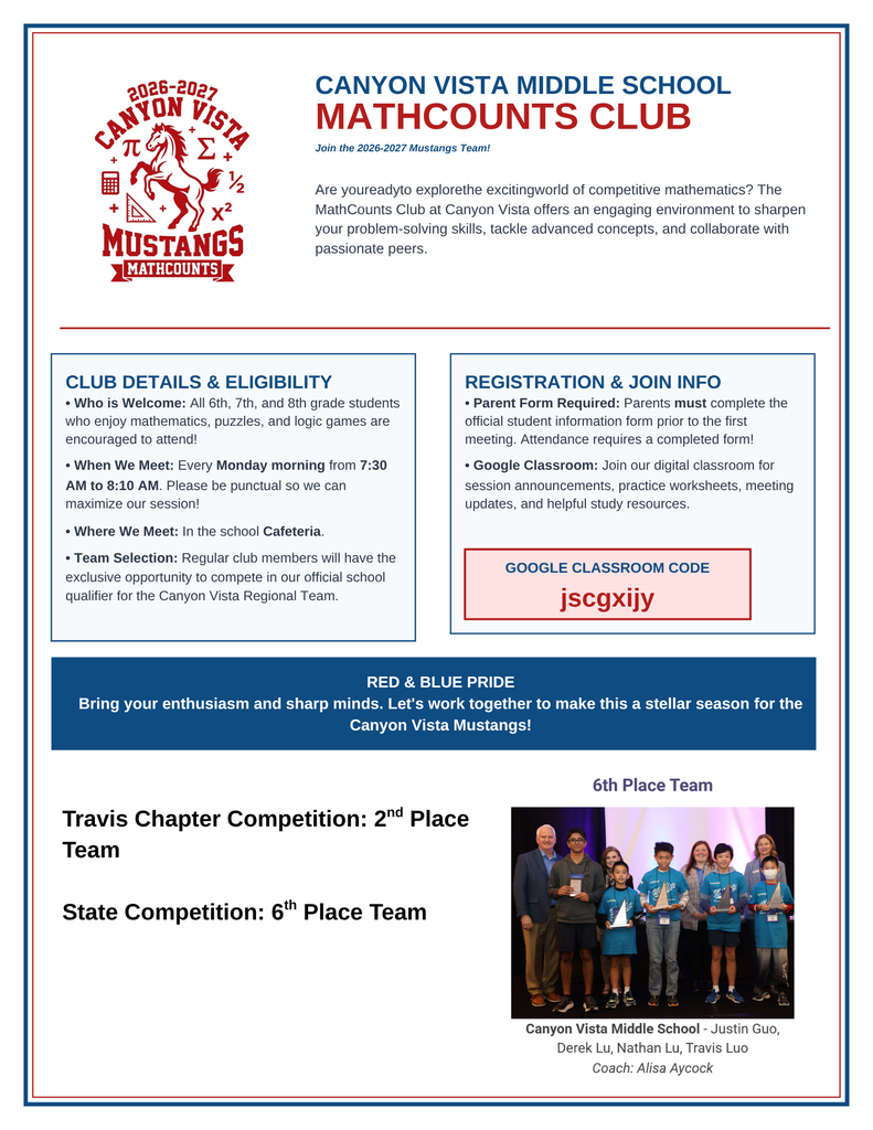 Consider joining MathCounts Club! Google Classroom code: jscgxijy for more information