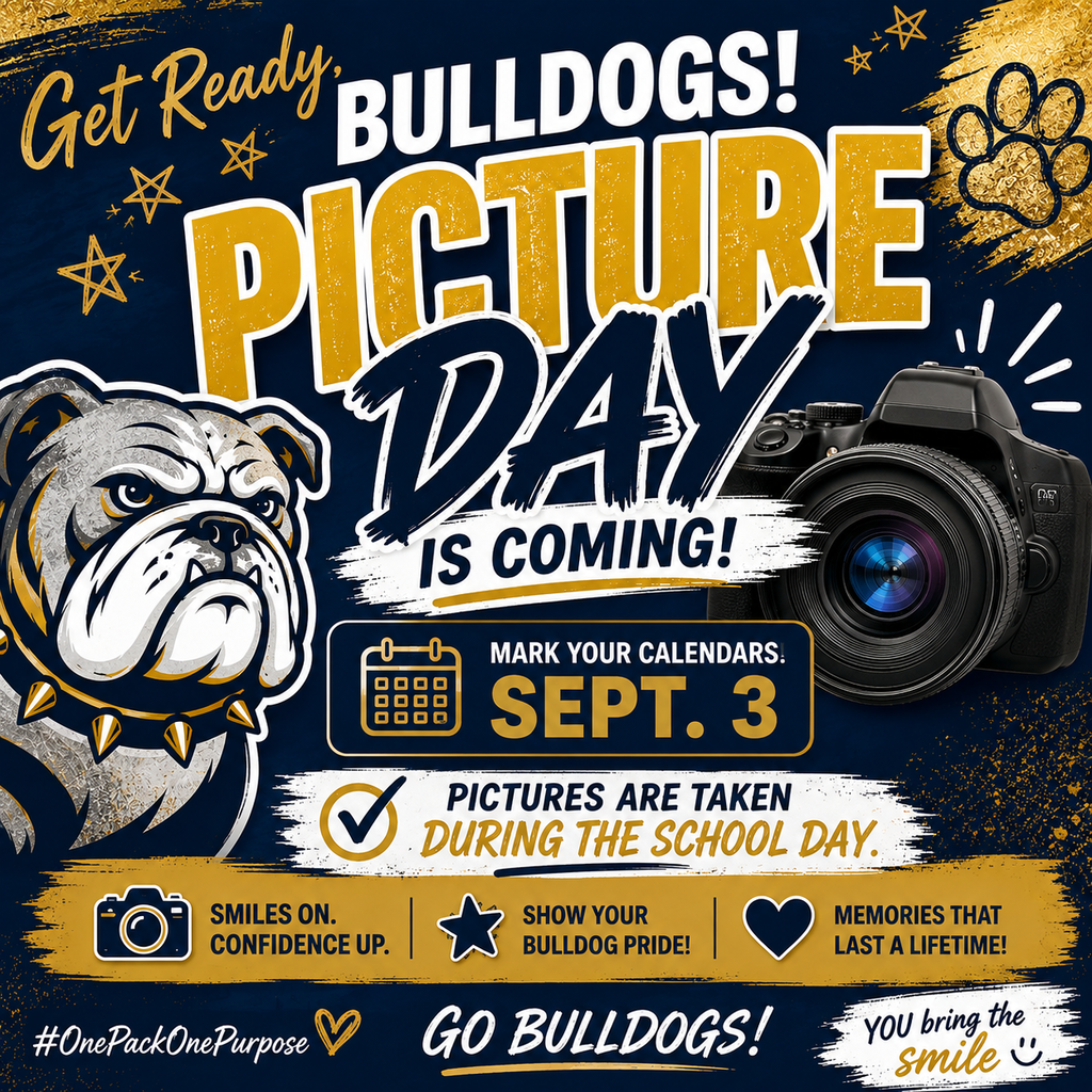 Say Cheese, Bulldogs! 📸🐾 Picture Day is coming up on Thursday, September 3! Pictures will be taken during the school day, so come dressed and ready to show off your best Bulldog smile. 💙💛  We can’t wait to capture another great year at Hernandez Middle School!  All In for the Pack! 🐾