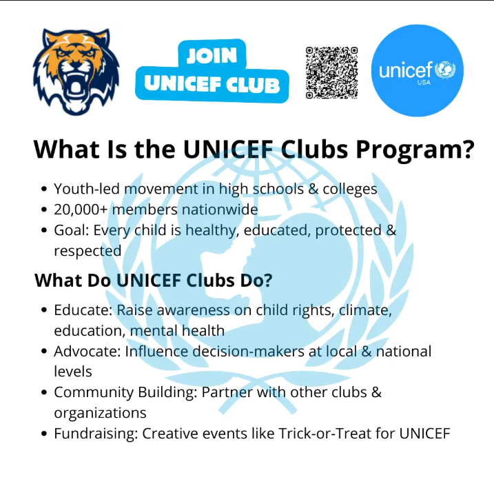 Promotional flyer to join the school's UNICEF Club. It details the UNICEF Clubs Program as a youth-led movement with over 20,000 members focused on ensuring children are healthy, educated, protected, and respected. Activities include educating on child rights, advocating, community building, and fundraising like Trick-or-Treat for UNICEF. Features a QR code, the Stony Point Tiger mascot logo, and the UNICEF USA logo.
