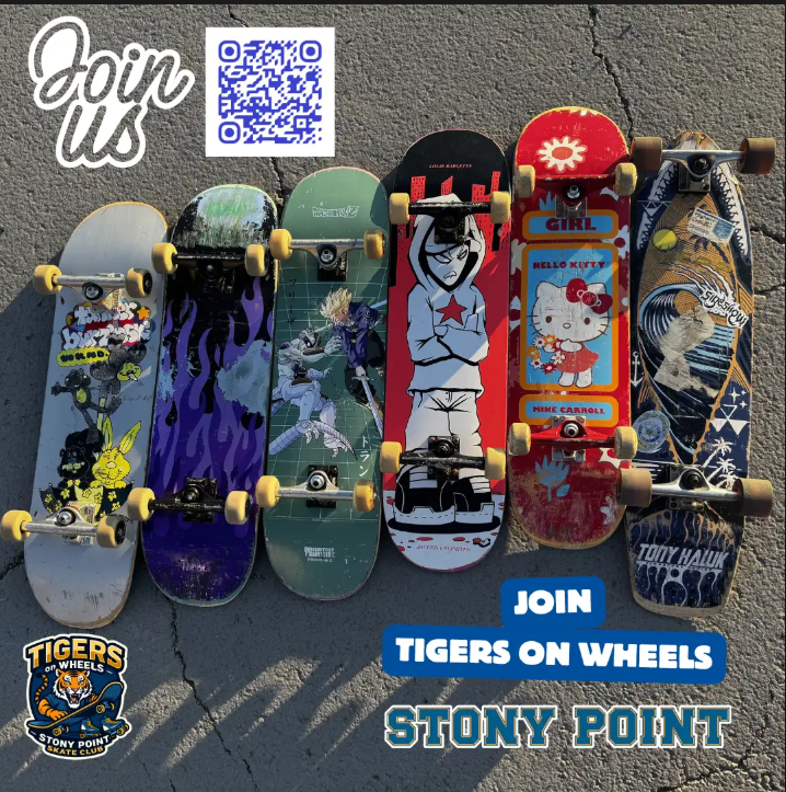 Promotional flyer for Tigers on Wheels, the Stony Point High School Skate Club. The background features six skateboards with various graphic designs laid out in a row on pavement. Includes the text "Join Us", a blue QR code for joining, and the club logo featuring a tiger riding a skateboard.