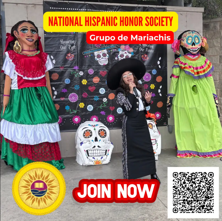 Promotional image for the National Hispanic Honor Society and Grupo de Mariachis inviting students to "JOIN NOW." The image features a student in traditional mariachi attire singing on stage in front of a decorative backdrop, flanked by large Mojiganga puppets and decorated sugar skull props. A QR code for joining is located in the bottom right corner.