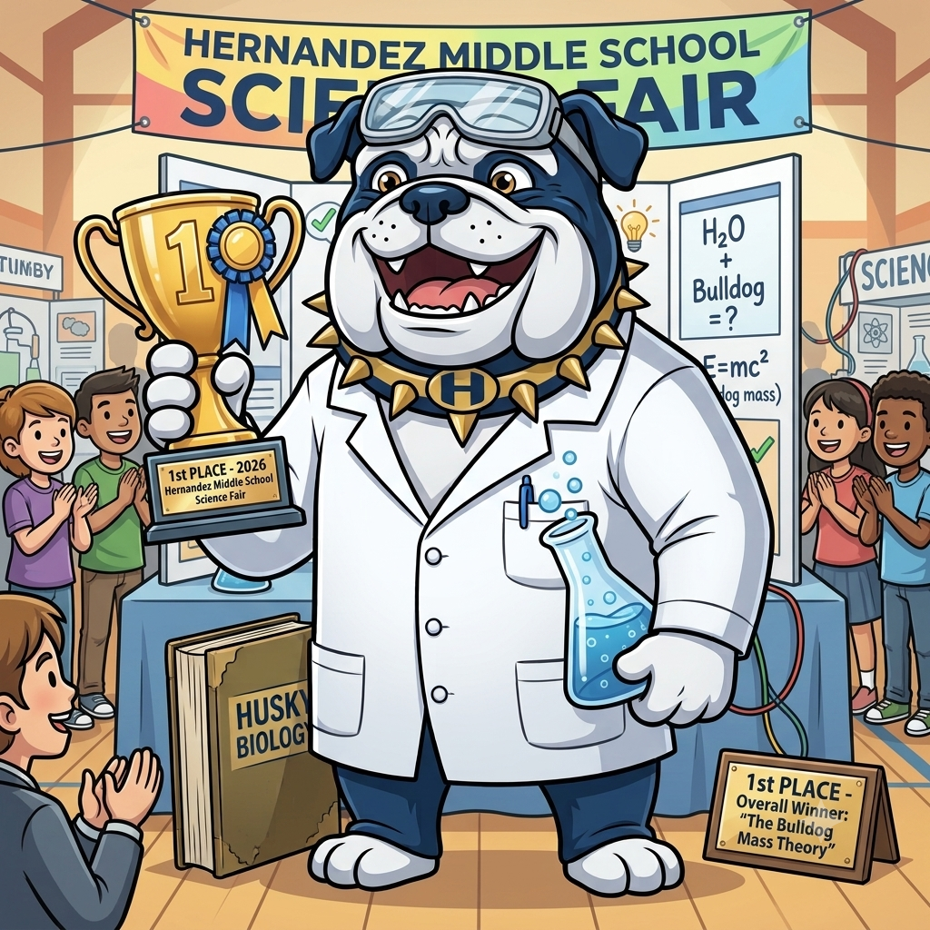 A cartoon bulldog dressed as a scientists holding a 1st place trophy for the science fair at Hernandez Middle School surrounded by other people cheering for him.