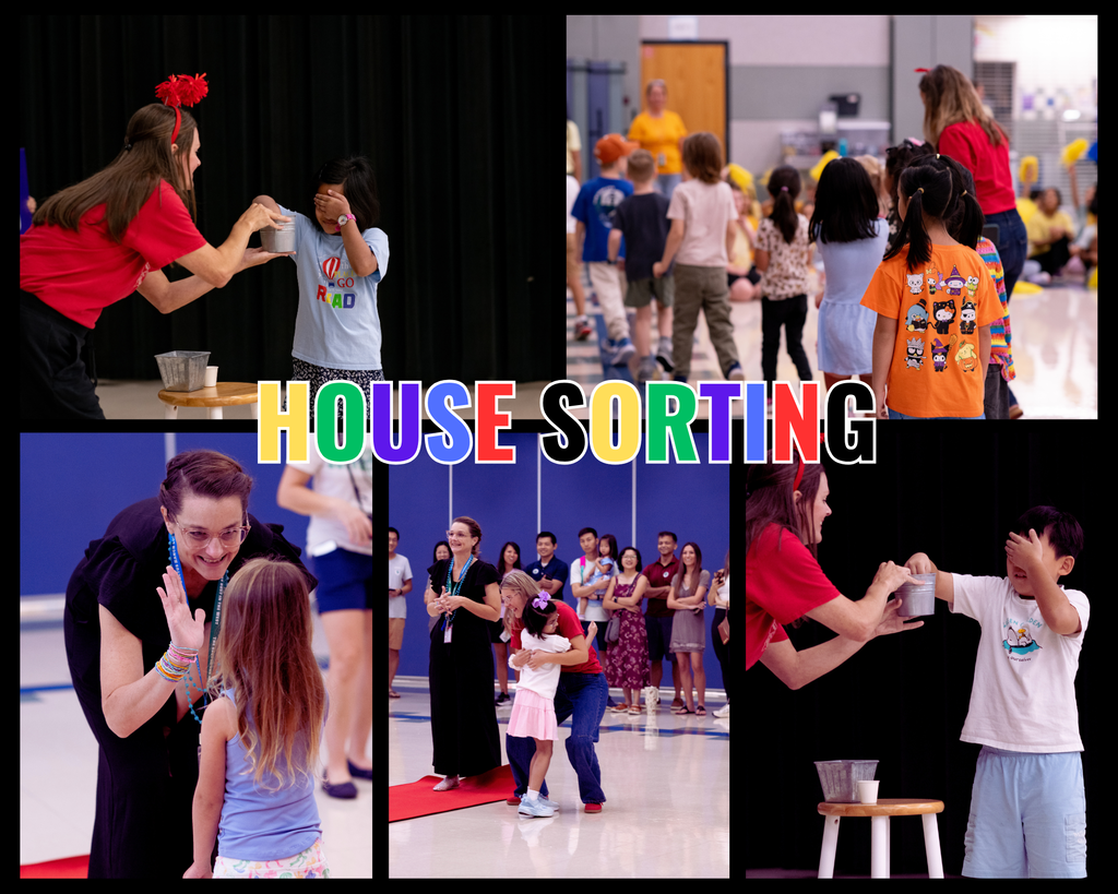 A collage of photos from a school House Sorting event, showing teachers welcoming and hugging young students as they discover their new Houses. Colorful “HOUSE SORTING” text is displayed across the center.
