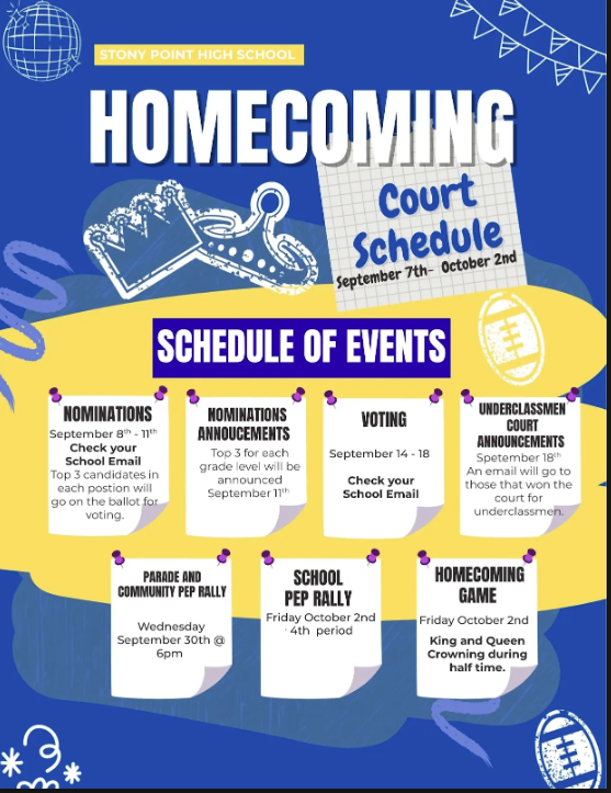 Stony Point High School Homecoming Court Schedule flyer for September 7th through October 2nd. The graphic outlines the schedule of events including Nominations (Sept 8-11), Nominations Announcements (Sept 11), Voting (Sept 14-18), Underclassmen Court Announcements (Sept 18), Parade and Community Pep Rally (Sept 30 at 6 PM), School Pep Rally (Oct 2, 4th period), and Homecoming Game (Oct 2 with King and Queen Crowning at halftime). Decorated with crowns, footballs, and a blue and yellow background.