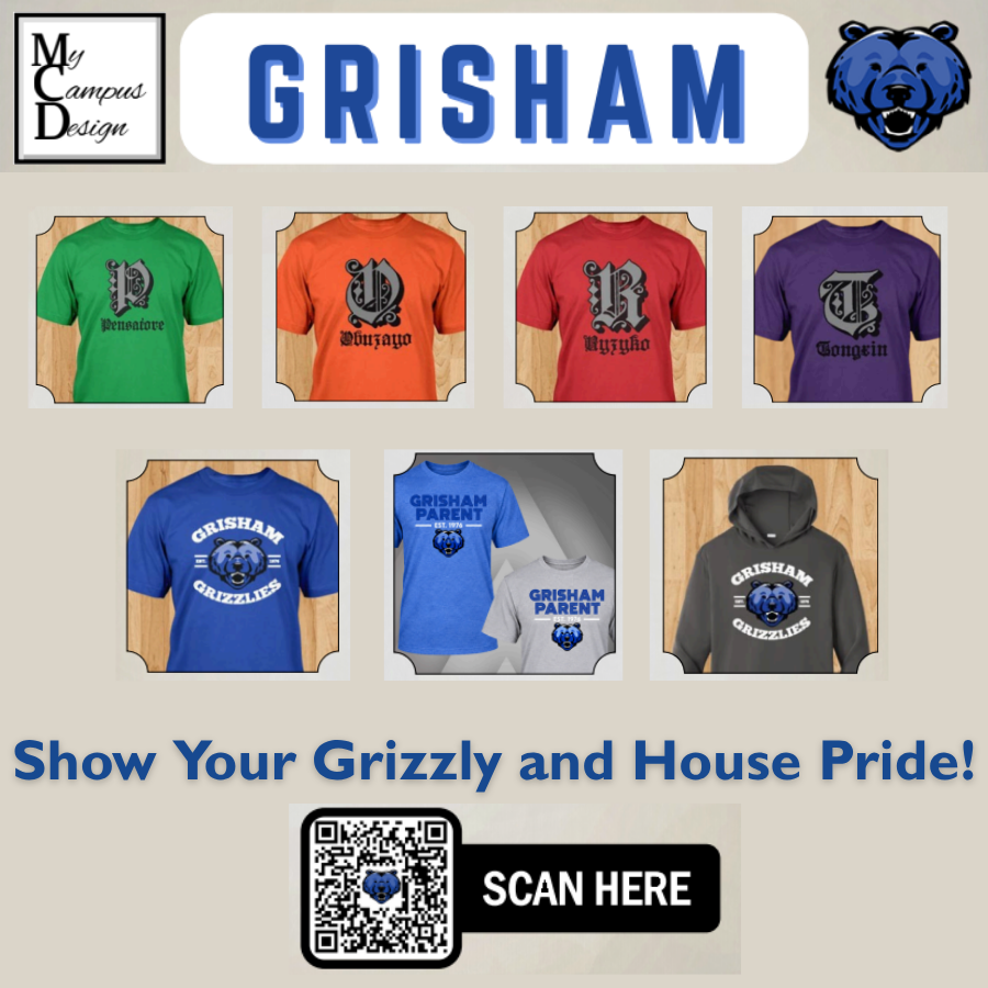 My Campus Designs Grisham. Show your Grizzly and House Pride. Scan the QR code.