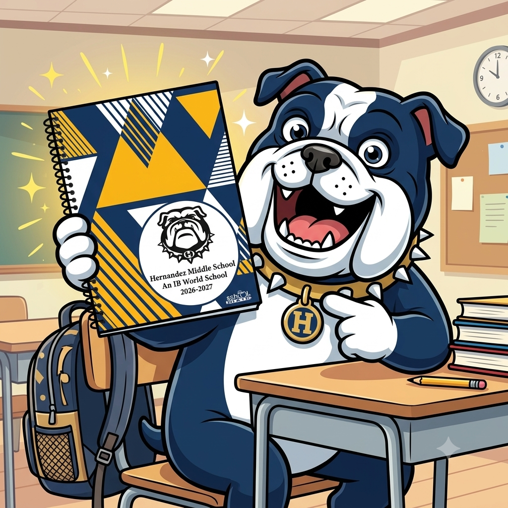 a cartoon bulldog smiling and pointing at their student planner while sitting in a desk at school.