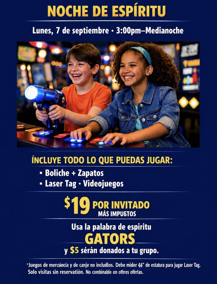 Join us for spirit night on Monday, 9/7 beginning at 3 PM at Spare Time Texas. $19 plus tax. Use the word Gators when making a purchase.