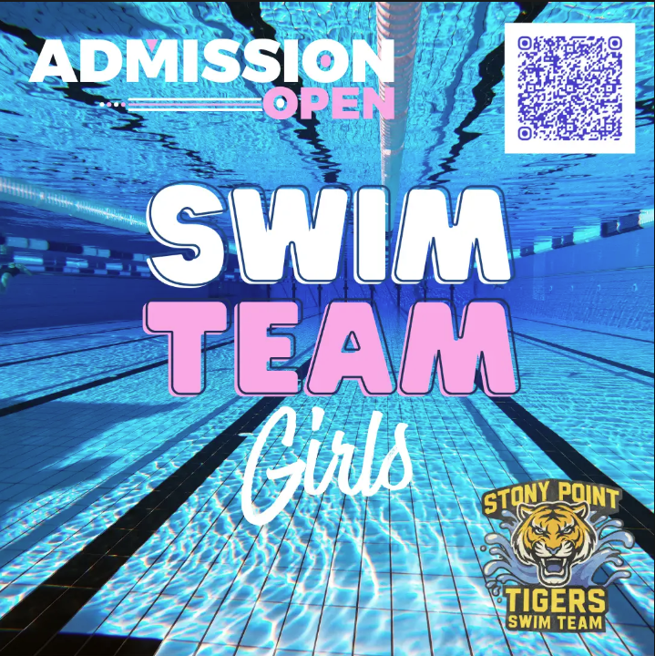 Promotional graphic announcing open admission for the Stony Point Girls Swim Team. The image features a background of an indoor swimming pool with lane lines, bold text reading "ADMISSION OPEN - SWIM TEAM Girls", a QR code for registration in the top right corner, and the Stony Point Tigers Swim Team logo in the bottom right corner.