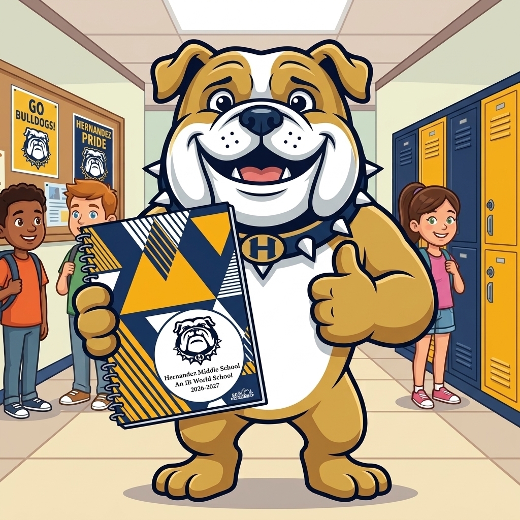 A cartoon bulldog smiling and giving the thumbs up while showing off his new student planner in a hallway with other kids.