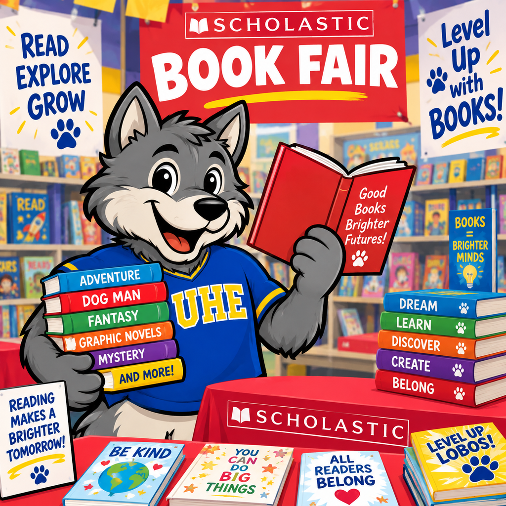 Lobo at the Scholastic Book Fair. Read, Explore, Grow. Level Up with Books!