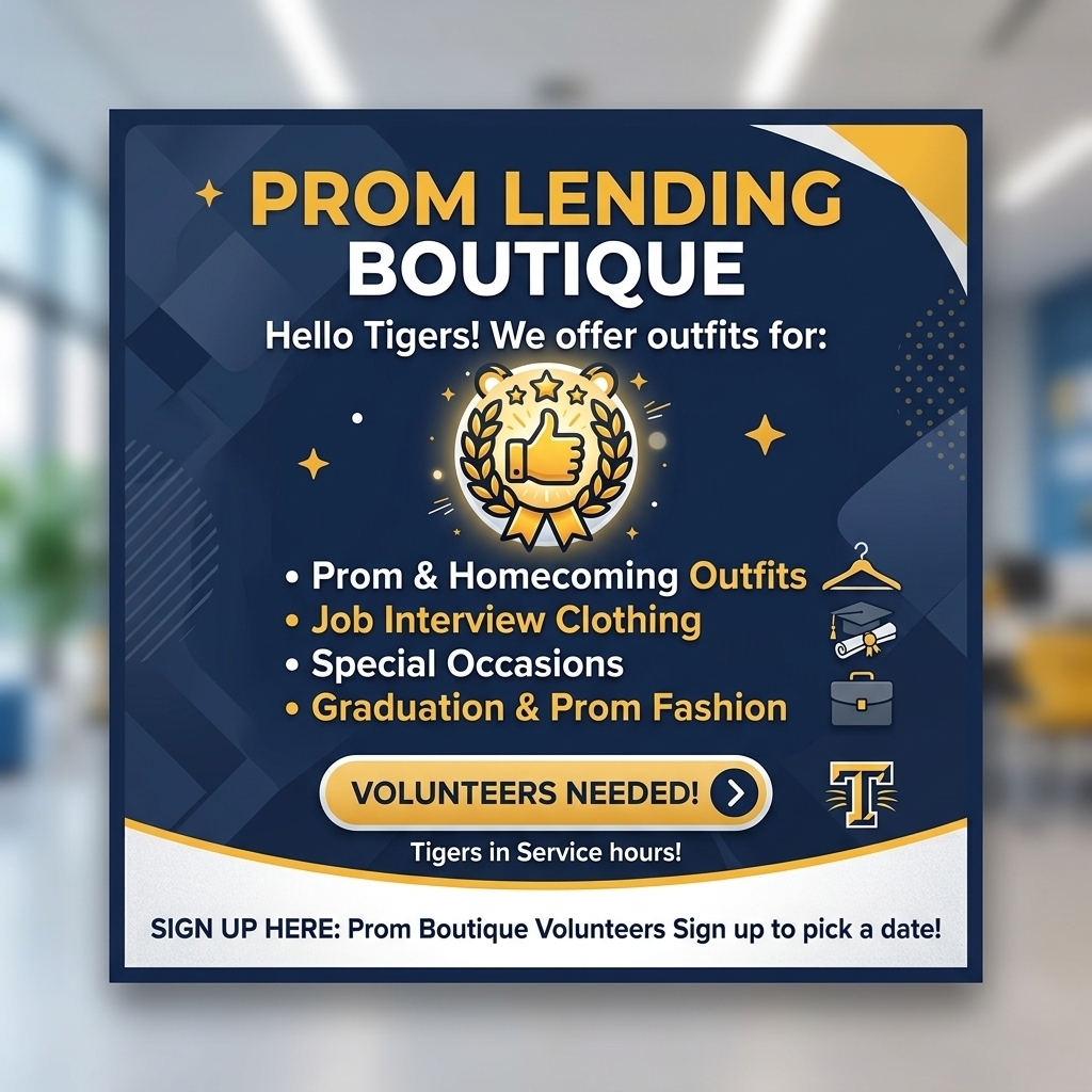 Promotional flyer for the Prom Lending Boutique, offering outfits for Tigers needing Prom, Homecoming, Job Interview, Special Occasion, and Graduation fashion. The graphic invites volunteers to sign up to earn Tigers in Service hours and pick a date. Designed in navy blue and gold with a Stony Point Tiger logo, hanger, graduation cap, briefcase icons, and a thumbs-up crest.