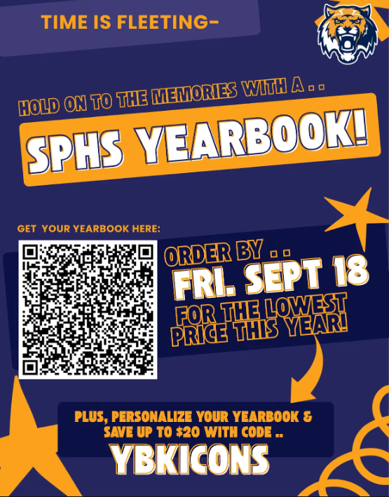 SPHS Yearbook ordering flyer stating "Time is Fleeting — Hold On to the Memories With a... SPHS Yearbook!" It highlights an early order deadline of Friday, September 18 for the lowest price of the year, plus savings up to $20 on personalization using the code YBKICONS. Features a QR code for ordering, yellow stars, and the Stony Point Tiger mascot logo against a dark blue background.