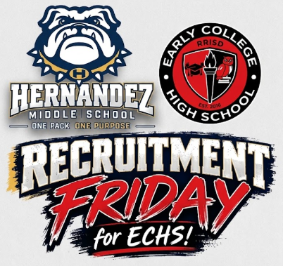 A promotional poster for 'Recruitment Friday for ECHS!' at Hernandez Middle School. The poster is designed with a textured split background (navy blue and red brick), divided by a gold diagonal brushstroke. The top features the Hernandez Middle School bulldog mascot logo and the Early College High School (RRISD) circular seal logo, both blending into the main title. The large, bold central text reads 'RECRUITMENT FRIDAY for ECHS!'.  Below this, a calendar icon is next to text that states: 'Student leaders and ambassadors from ECHS will present to our 8th graders. September 18, 2026, at 8:15 AM.' Four circular icons with corresponding text at the bottom-center detail benefits: 'College Opportunities', 'Academic Pathways', 'Student Leadership', and 'Brighter Futures'. A final bottom section has a blue textured bar with 'ONE PACK ONE PURPOSE', above a list including 'LEARN', 'GROW', 'ACHIEVE', and 'BELONG', and footer text for the school and district.