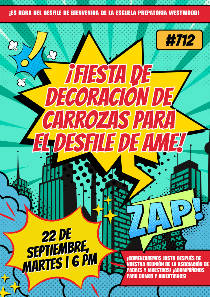 Comic book flyer advertising float decorating at 6pm on Sept 22
