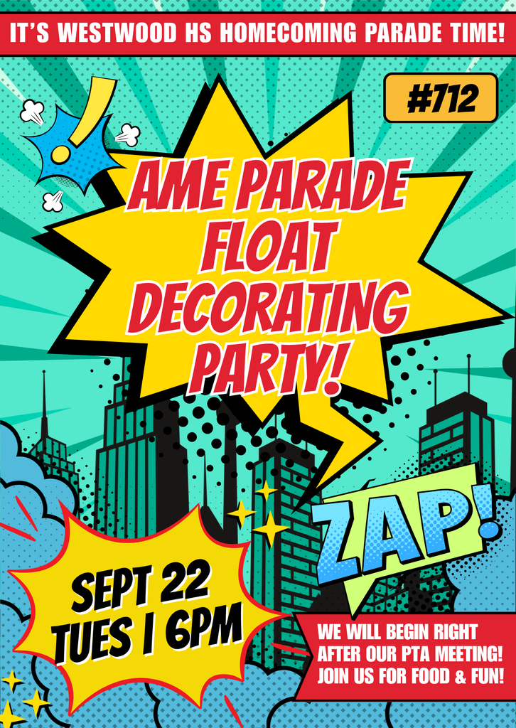 Comic book flyer advertising float decorating at 6pm on Sept 22