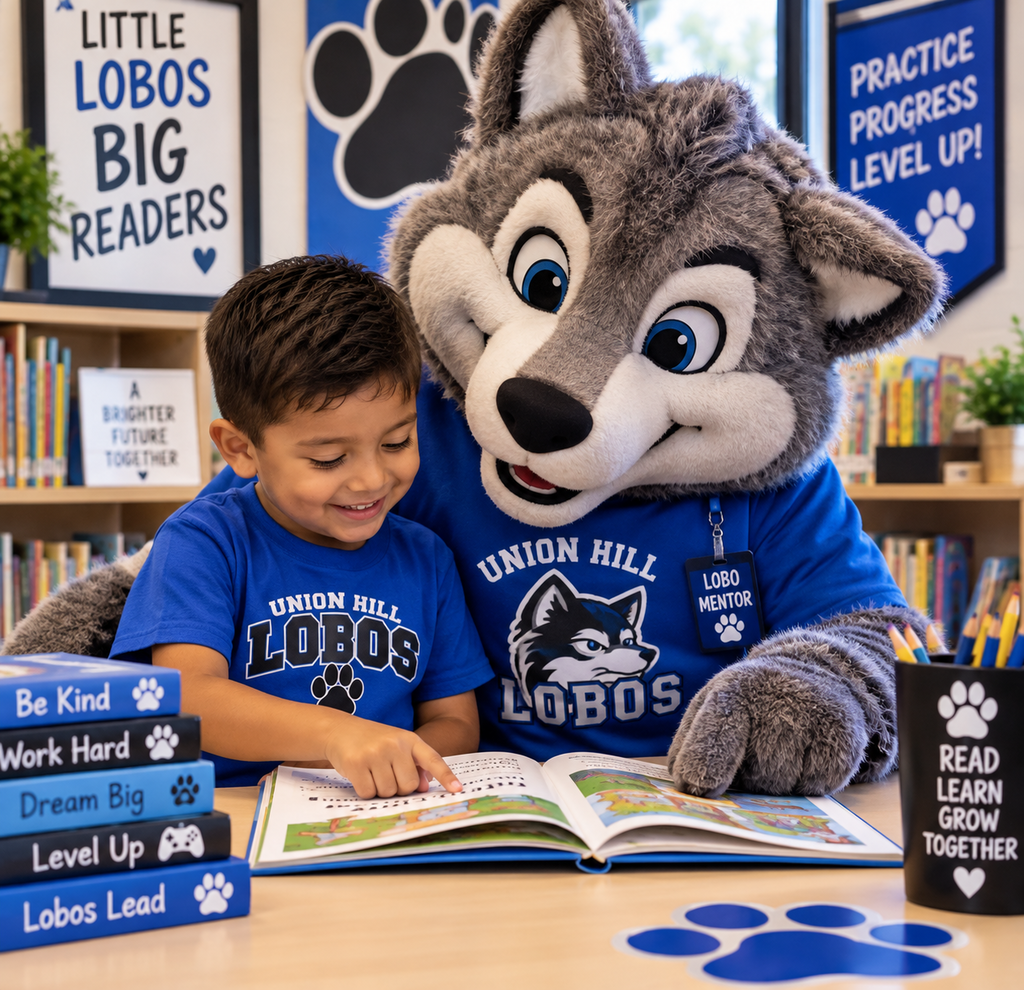 Lobo mascot reading to a kindergarten student