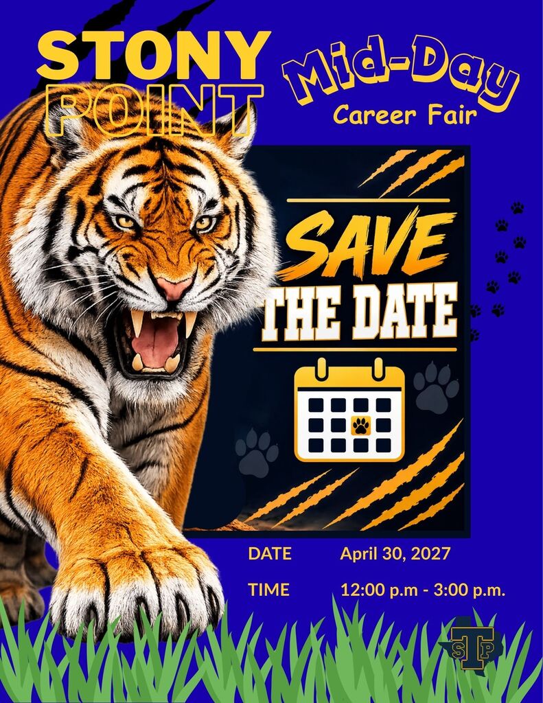 Save the Date" promotional graphic for the Stony Point Mid-Day Career Fair happening on April 30, 2027, from 12:00 p.m. to 3:00 p.m. Features a roaring tiger on the left, a calendar icon, tiger scratch marks, paw prints, and the SPHS logo on a blue background.