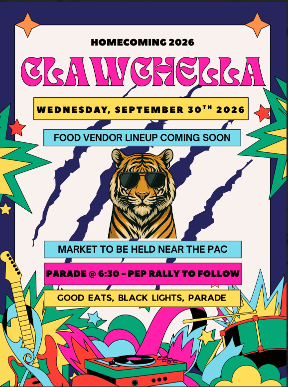 Vibrant retro-style promotional flyer for Stony Point High School Homecoming 2026 "Clawchella" on Wednesday, September 30th, 2026. The graphic announces a market near the PAC, a food vendor lineup coming soon, a parade at 6:30 PM with a pep rally to follow, plus good eats and black lights. Illustrated with a tiger wearing sunglasses, musical instruments, turntables, starbursts, and claw scratch marks against a colorful background.