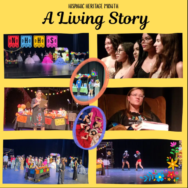 Photo collage titled "Hispanic Heritage Month: A Living Story" featuring highlights from the Stony Point High School NHHS performance. Images show students on stage displaying colorful quinceañera dresses under NHHS banners, theatrical skits, boxing demonstrations, and student presenters surrounded by festive decorations on a bright yellow background with floral accents.
