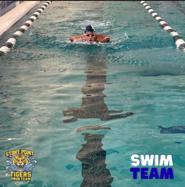 Action photograph of a Stony Point High School swimmer wearing a swim cap and goggles performing the butterfly stroke down a swimming pool lane. The bottom left corner features the official Stony Point Tigers Swim Team logo with a roaring tiger, and the bottom right corner displays bold white and blue text reading "SWIM TEAM".