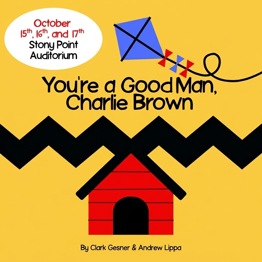 A graphic featuring a yellow background with Charlie Brown's iconic black zigzag pattern across the middle. A red doghouse sits at the bottom center, and a blue kite flies near the top right. An oval bubble in the top left details event dates and location.