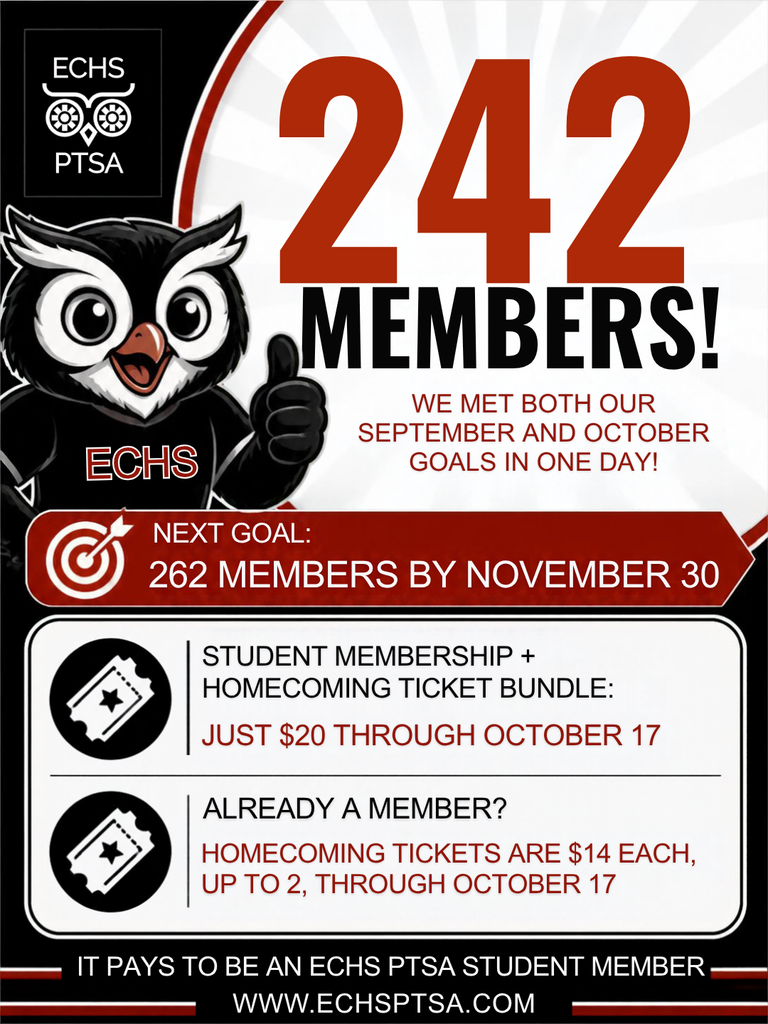 • ECHS PTSA Membership Update Current Milestone • 242 MEMBERS! • We met both our September and October goals in one day! Future Goals • Next Goal: 262 members by November 30. Membership & Ticket Pricing • Student Membership + Homecoming Ticket Bundle: Just $20 through October 17. • Already a Member? Homecoming tickets are $14 each (up to 2 tickets) through October 17. Footer Information • Tagline: It pays to be an ECHS PTSA student member. • Website: www.echsptsa.com