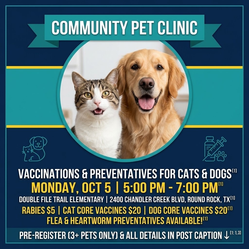 Here is a clean, modern, and high-contrast square social media graphic for your pet clinic[cite: 3]. It is designed to be fully ADA-compliant by using high-contrast colors, sans-serif fonts, and a professional photo instead of vector art[cite: 3]. It effectively communicates the main event details while directing users to the caption for detailed pricing and the pre-registration form instructions[cite: 1].