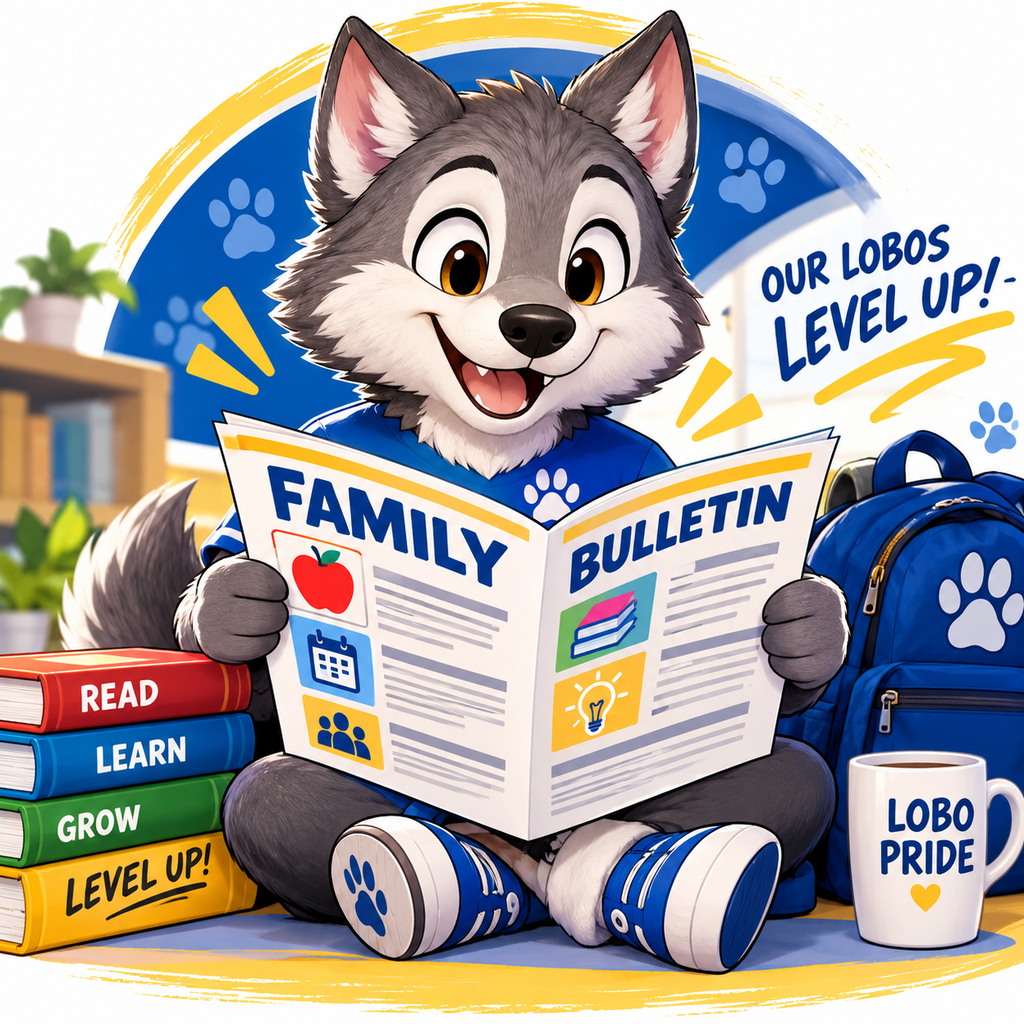 Our Lobos, Level Up! Family Bulletin! Lobo Pride. Read, Learn, Grow, Level Up!