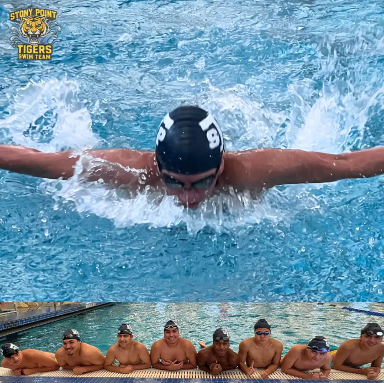Stony Point Tigers Swim Team promotional image featuring a swimmer in a swim cap and goggles mid-stroke during a butterfly swim in the main photo. The top left corner displays the official Stony Point Tigers Swim Team logo. A smaller photo banner across the bottom shows eight male swimmers resting along the edge of the pool together.