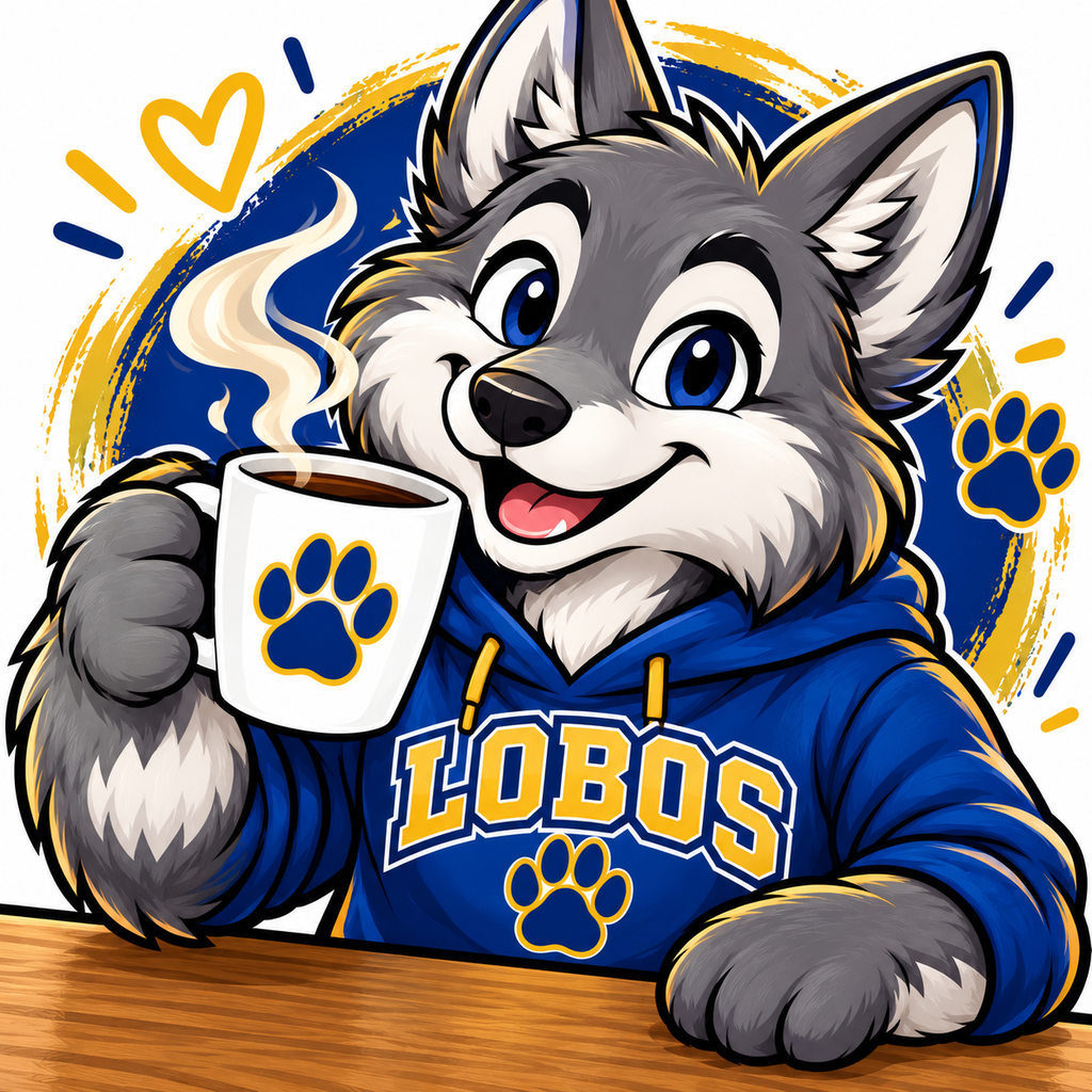Cheerful Lobo Mascot Drinking Coffee