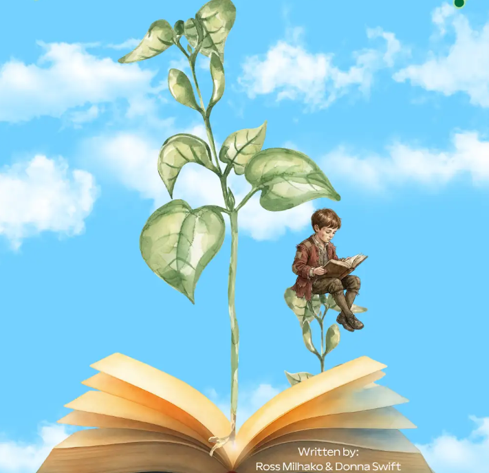 Picture of a boy reading on a book with a beanstalk