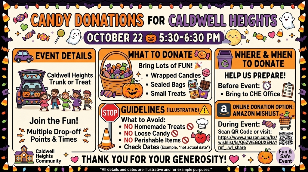 101 CANDY DONATIONS FOR CALDWELL HEIGHTS *OCTOBER 22 5:30-6:30 PM EVENT DETAILS Caldwell Heights Trunk or Treat WHAT TO DONATE & Bring Lots of FUN! · Wrapped Candies Sealed Bags • Small Treats WHERE & WHEN TO DONATE HELP US PREPARE! Before Event: Bring to CHE Office STOP GUIDELINES (ILLUSTRATIVE) ONLINE DONATION OPTION: AMAZON WISHLIST, Join the Fun! Multiple Drop-off Points & Times Caldwell Heights Community What to Avoid: • NO Homemade Treats NO Loose Candy • NO Perishable Items • Check Dates (Example, *not actual date*) During Event: Scan QR Code or visit: https://www.amazon.com/hz/wishlist/ls/Q6ZWEGQUXENA?ref_=wl_share THANK YOU FOR YOUR GENEROSITY! *All details and dates are illustrative and for example purposes.* Fun & Safe Event