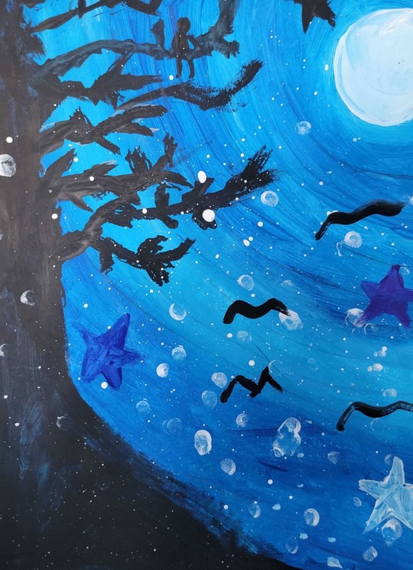 Student artwork of a winter night scene