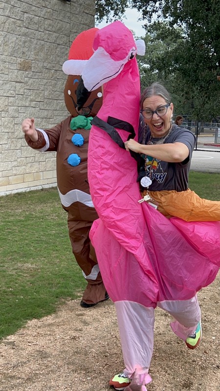 Mrs. Hatch in a flamingo inflatable