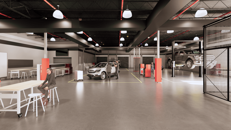 rendering of the auto body spaces that will be built at the district's new cte facility 