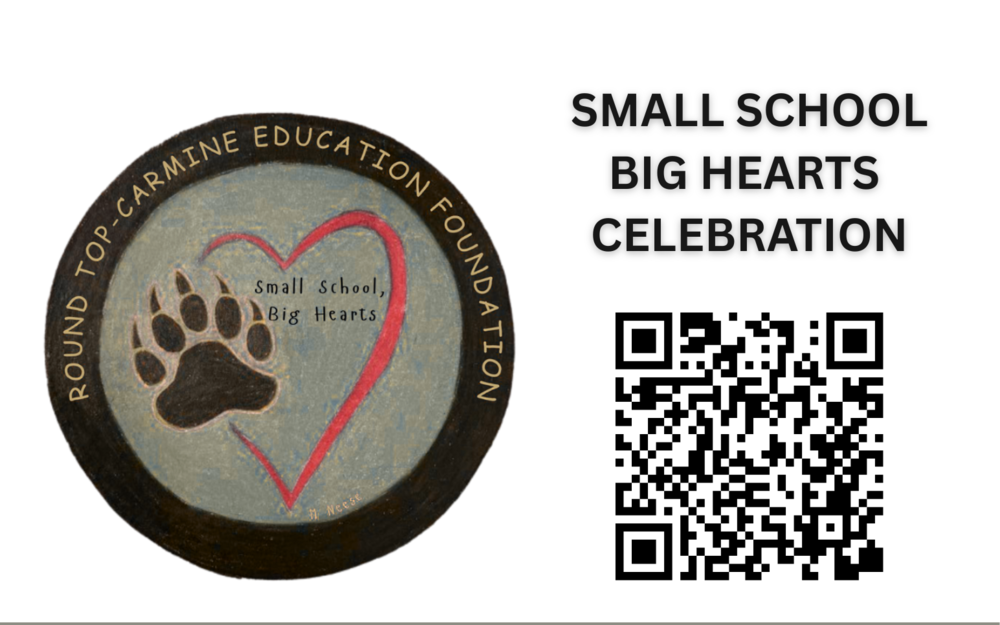 A flyer is for the Small School Big Hearts Celebration, a community fundraiser hosted by the Round Top-Carmine Education Foundation. Event Overview What: Dinner, Auctions, and a Family Dance Party!  When: Saturday, February 7, 2026  Where: Round Top Rifle Hall  Dinner Time: Served between 5:00 PM – 6:00 PM  Ticket Information Price: $20 per ticket  Where to Buy:  Local schools and banks  Online at rtceducationfoundation.org.