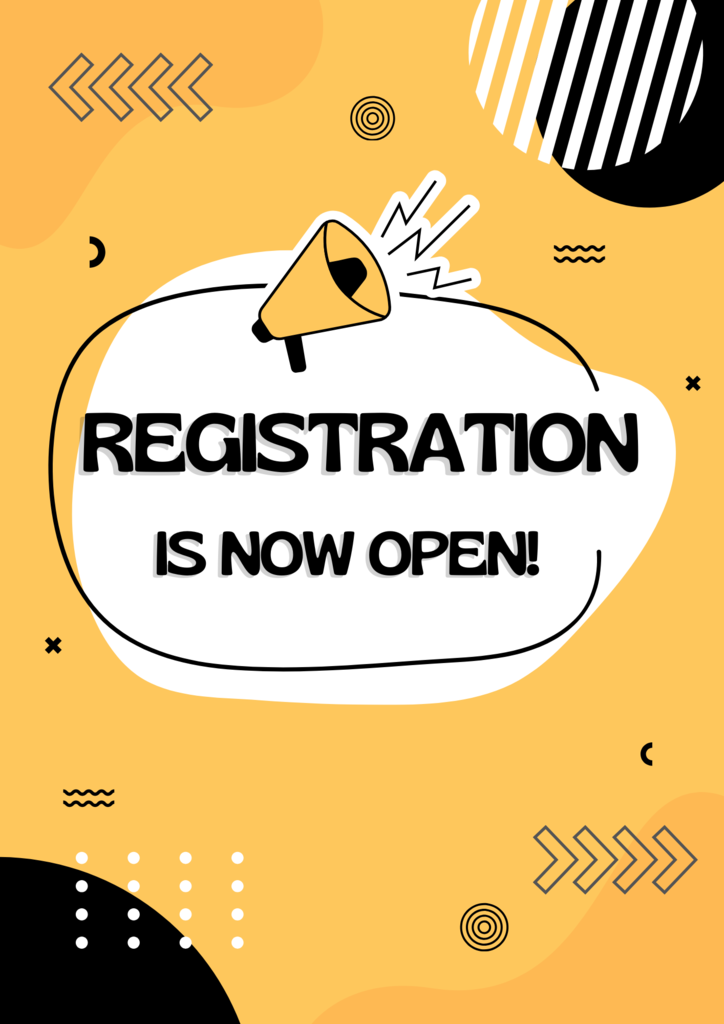 A vibrant orange and yellow graphic with abstract shapes and a megaphone illustration, featuring bold black text that reads "Registration is now open!"