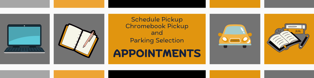 A header image for Google Classroom in a multicolor, simple, illustrative, and fun school style. It features a central orange panel with the text "Schedule Pickup Chromebook Pickup and Parking Selection APPOINTMENTS" in black. Flanking this central panel are various illustrations on grey and orange backgrounds: To the left: A laptop on a grey background and an open notebook with a pencil on a grey background. To the right: A yellow car on an orange background and an open book with a pen/stylus on an orange background. The top and bottom sections of the header have alternating orange and black blocks.