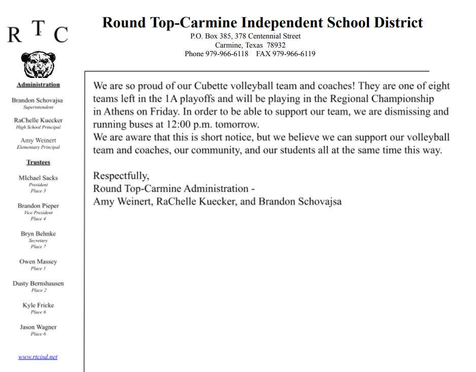Early Release Letter for 11/14, Buses Run at 12:00