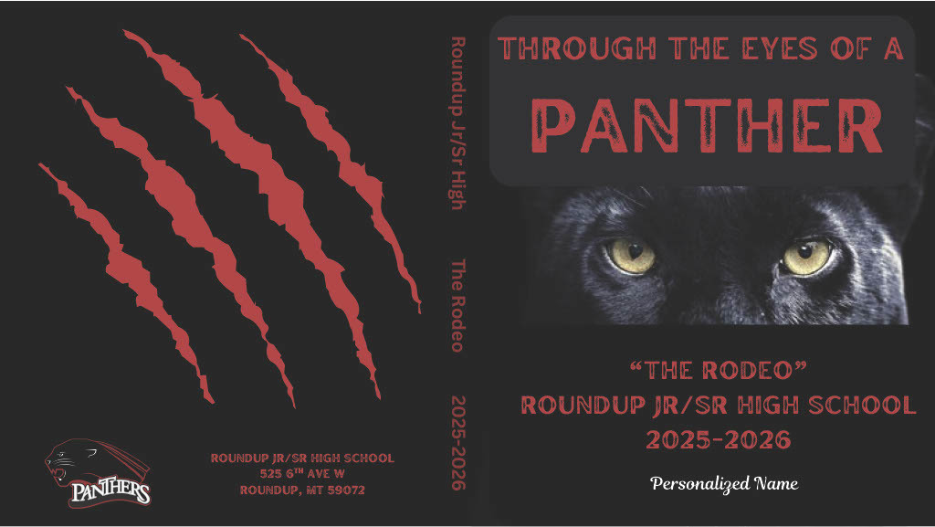 2026 Yearbook "Through The Eyes of a Panther" cover - black with red writing and panther eyes