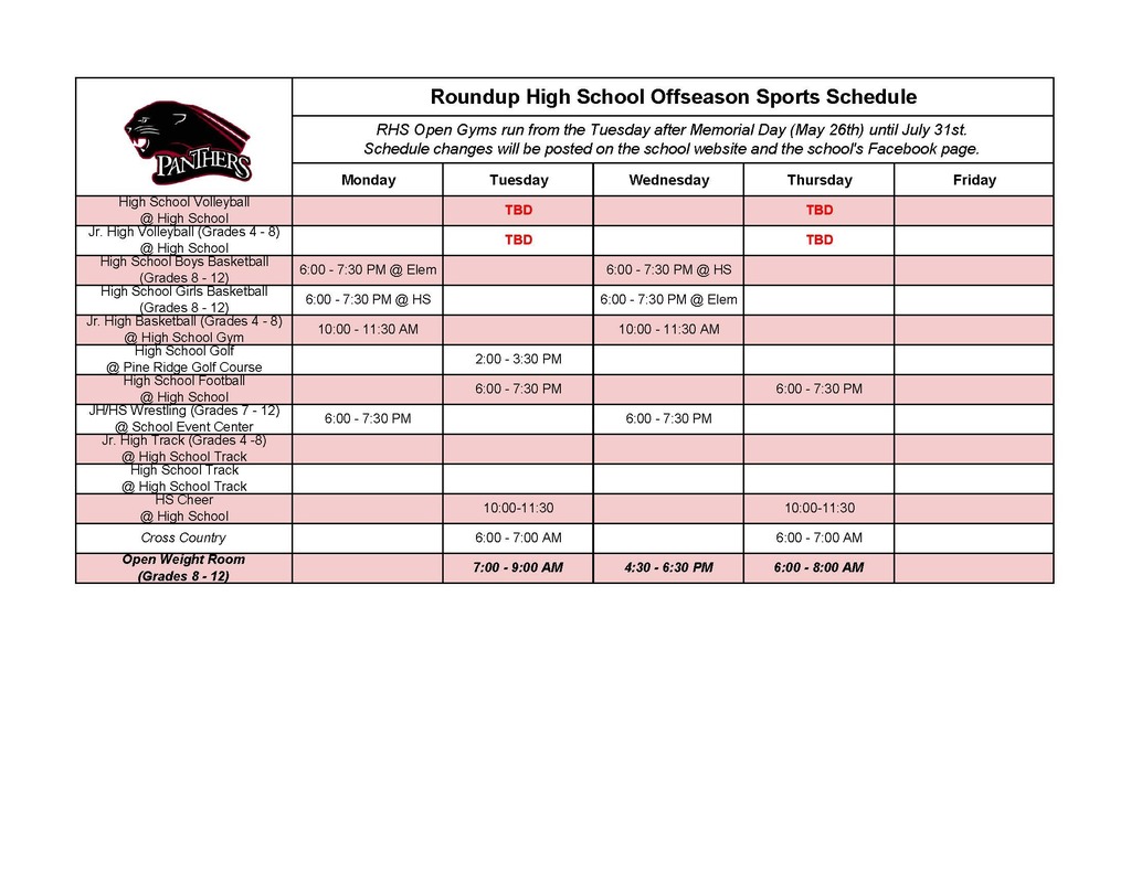 2026 Summer Open Gym Schedule