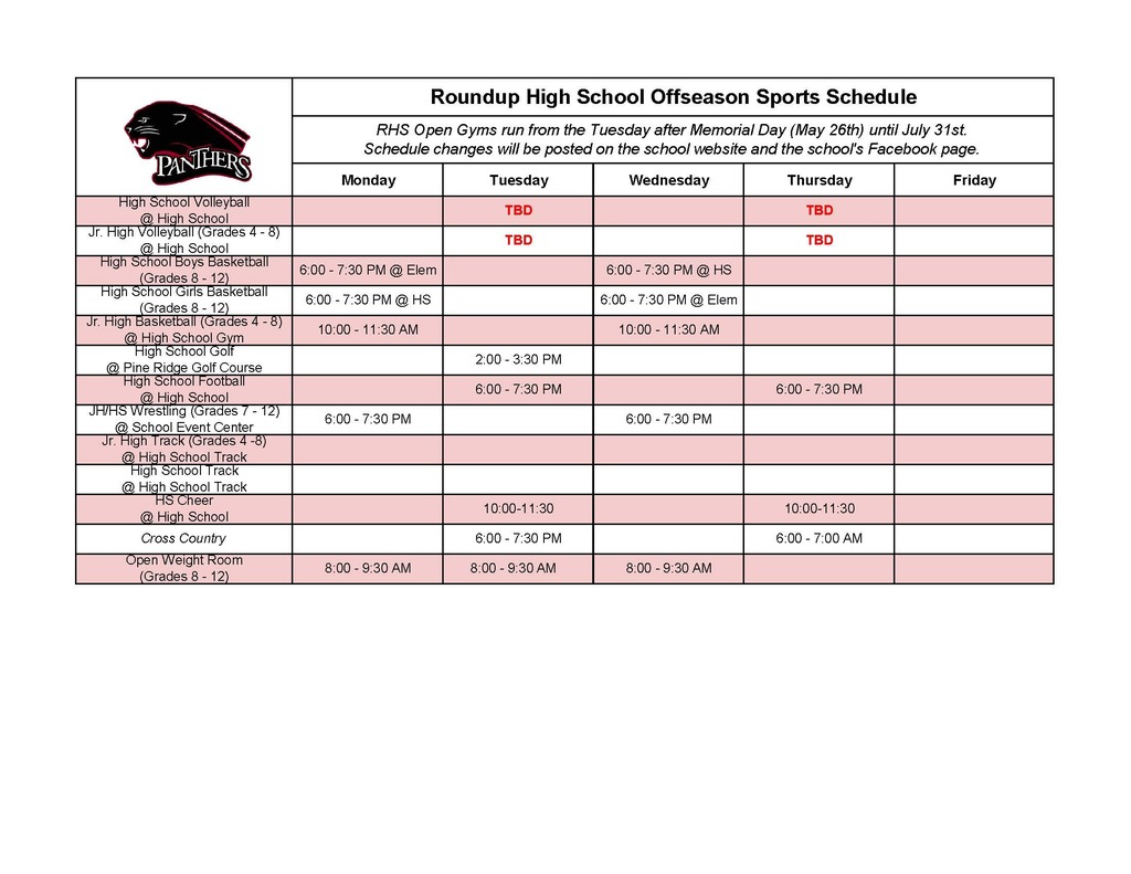 **Updated Open Gym Schedule**