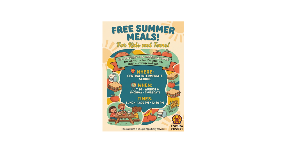 Free Summer Meals For Kinds and Teens! ALL CHILDREN 18 & UNDER EAT FREE! No sign-ups. No ID required. Just show up and eat. Where: Central Intermediate School. When: July 20 - August 6 Monday through Thursday. Times: Lunch: 12:00PM to 12:30 PM. This institution is an equal opportunity provider.