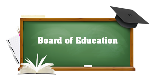 Board of Education written on a chalk board, with a graduation cap, notebook and pencils, and an open textbook.