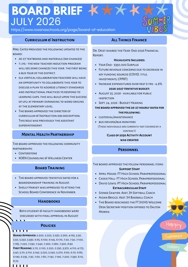Board Brief for July 2026 from Roxana CUSD #1. Summer-themed infographic summarizing Board of Education actions, including curriculum updates, financial highlights, approval of community mental health partnerships, Board training, handbook and policy updates, and personnel actions. Includes a link to the District Board of Education webpage.